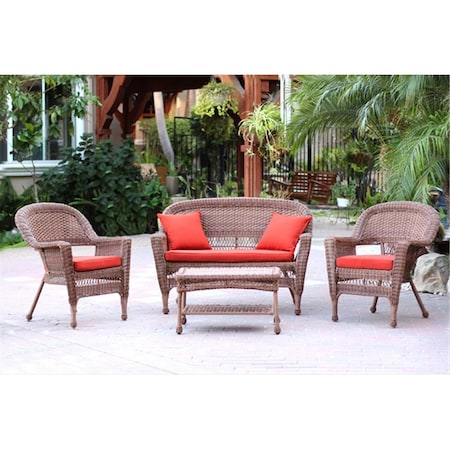 Jeco 4 Piece Honey Wicker Conversation Set - Red Orange Cushions W00205-G-FS018